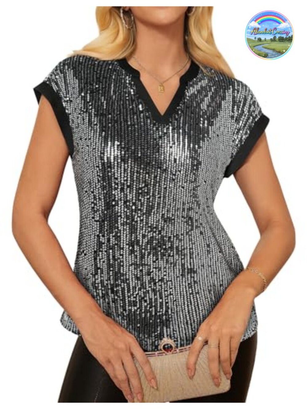 Sequin Sparkly Top Cap Sleeve V Neck Glitter Party Blouse